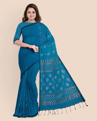 Look and Adorn Exclusive Handwoven Copper Zari Blue Organic Linen Saree with Blouse piece 1