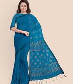 Look and Adorn Exclusive Handwoven Copper Zari Blue Organic Linen Saree with Blouse piece