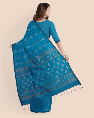 Look and Adorn Exclusive Handwoven Copper Zari Blue Organic Linen Saree with Blouse piece 2