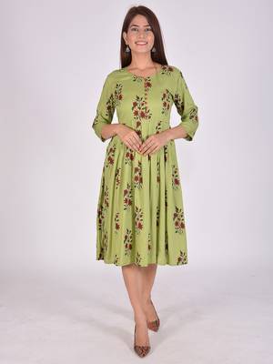 Women Rayon Anarkali Dress Green Colour 3/4 sleeves 1