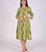 Women Rayon Anarkali Dress Green Colour 3/4 sleeves