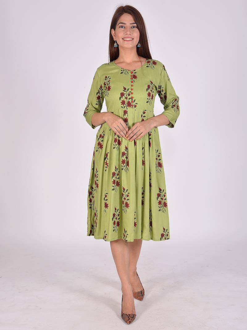 Women Rayon Anarkali Dress Green Colour 3/4 sleeves
