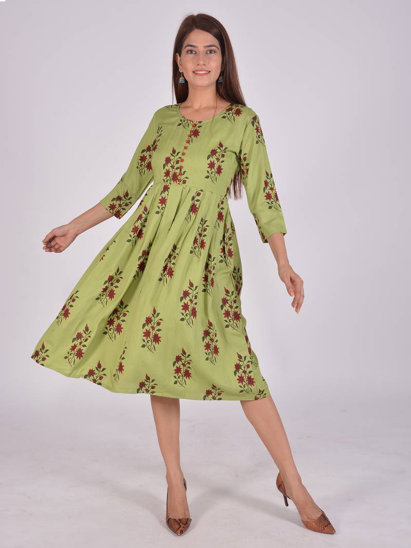 Women Rayon Anarkali Dress Green Colour 3/4 sleeves