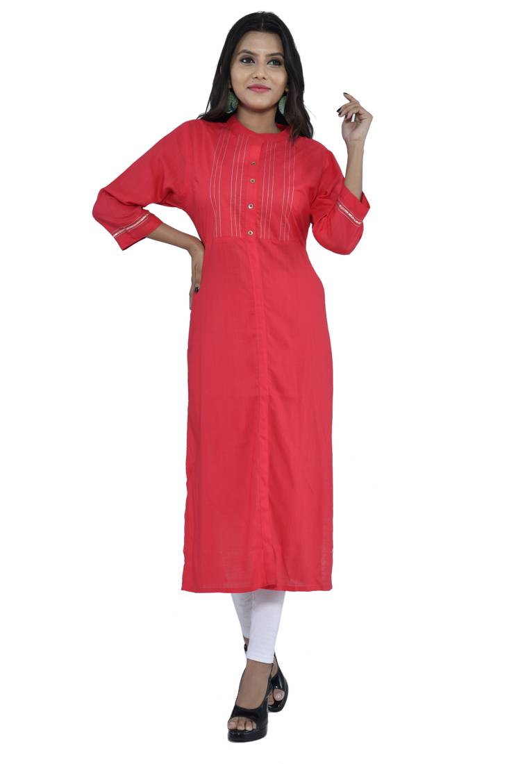 Women staright  khata work red colour kurti 3/4 sleeve