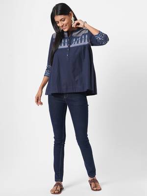 Mandarin collar cotton dobby top 1