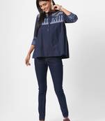 Mandarin collar cotton dobby top