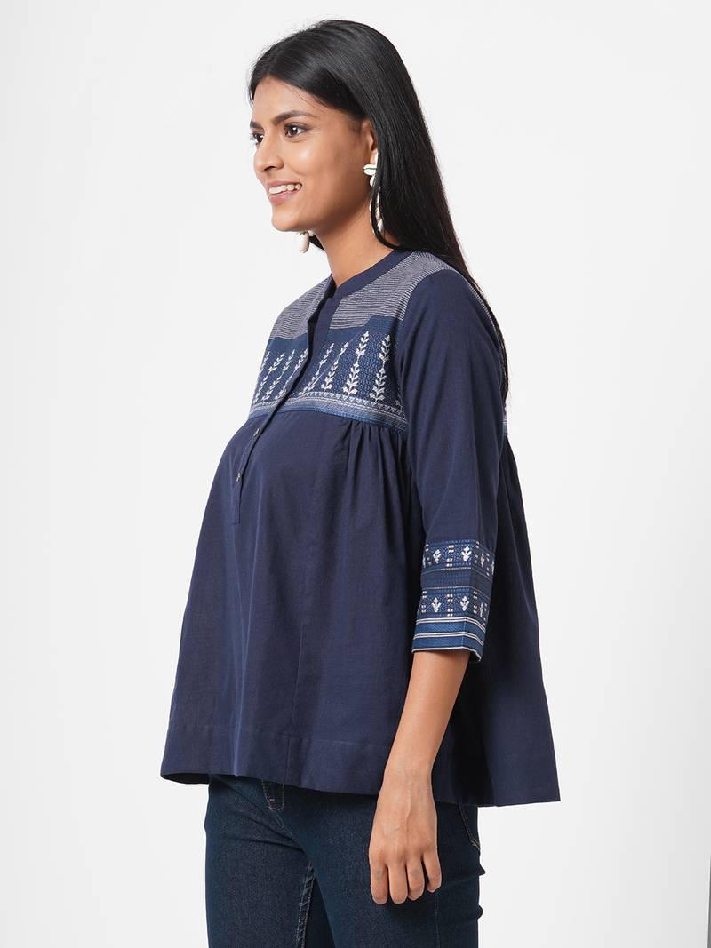 Mandarin collar cotton dobby top