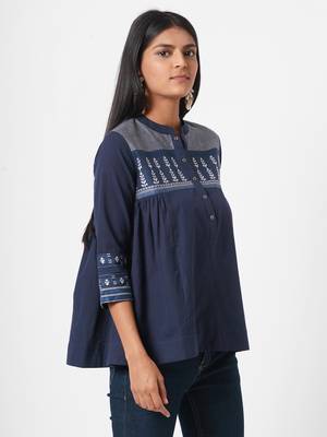 Mandarin collar cotton dobby top 3