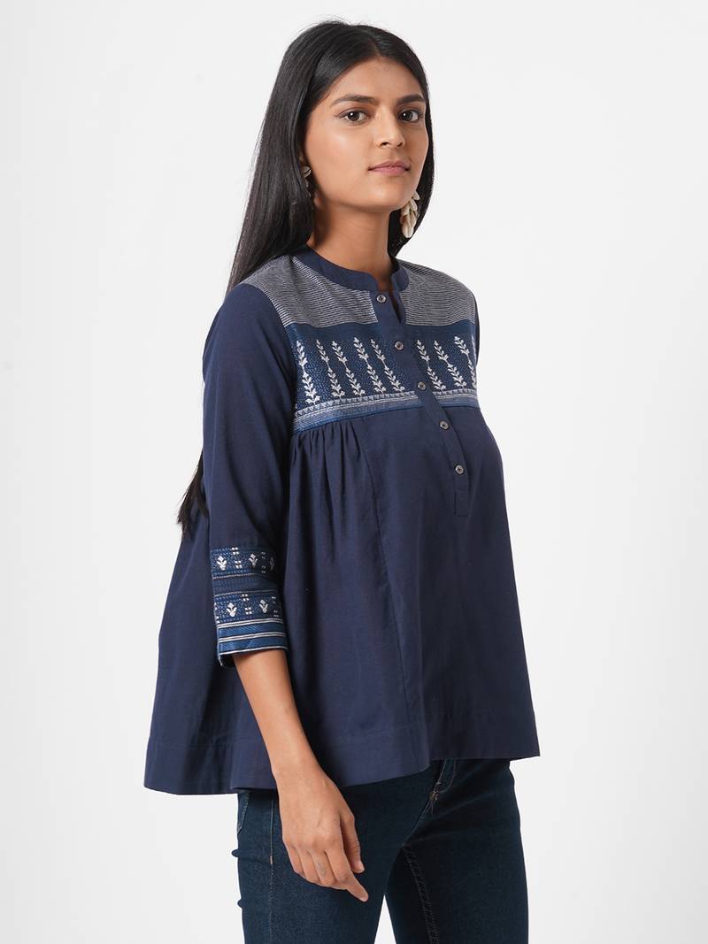 Mandarin collar cotton dobby top