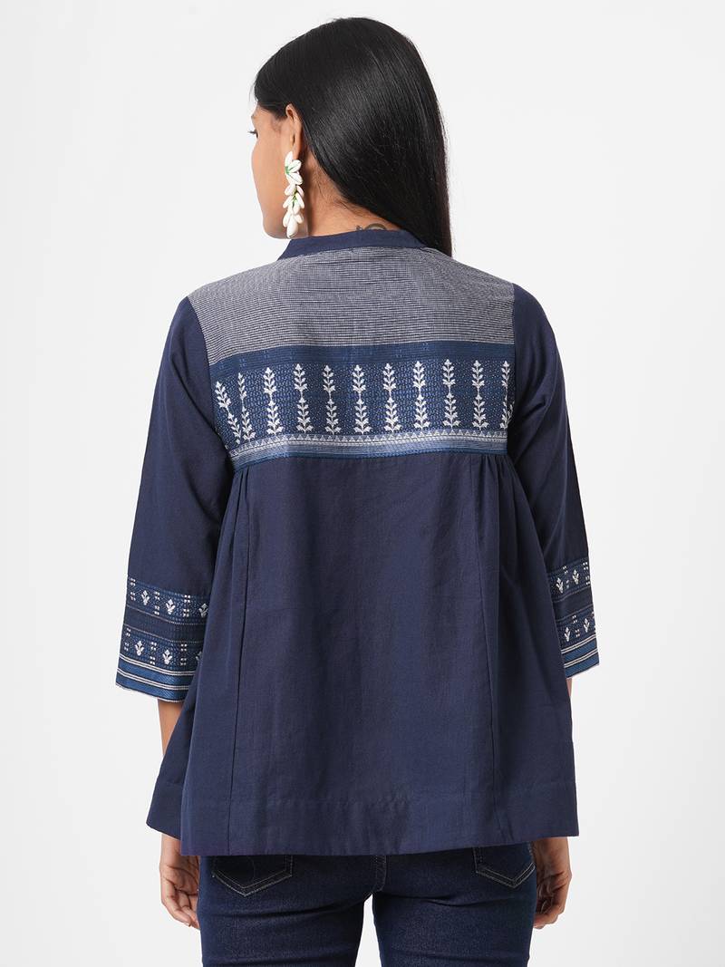 Mandarin collar cotton dobby top