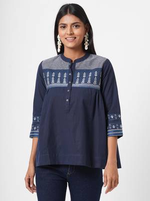Mandarin collar cotton dobby top 5
