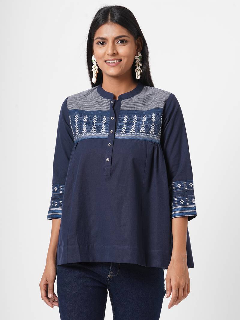 Mandarin collar cotton dobby top