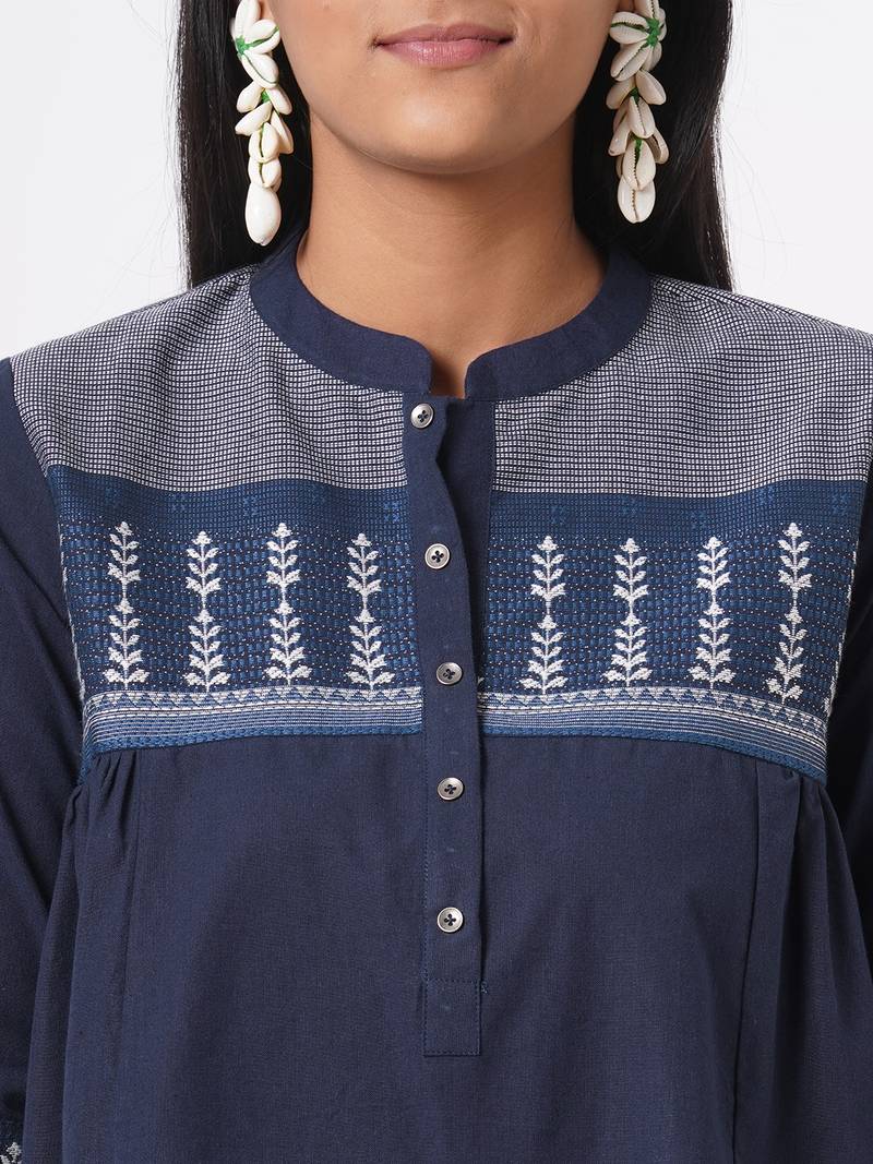 Mandarin collar cotton dobby top