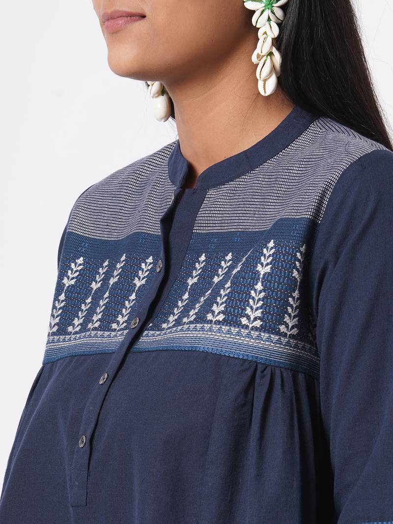 Mandarin collar cotton dobby top