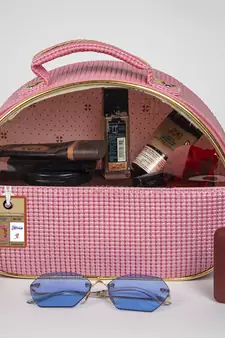 atorakushon   Fabric Makeup Storage Box Travelling Vanity Cosmetic Bag Necklace Organizer Jewellery Pouch { Pink }