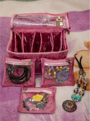 atorakushon   Satin Makeup Storage Box Travelling Vanity Cosmetic Bag Necklace Jewellery Organizer Pouch { Pink } 4