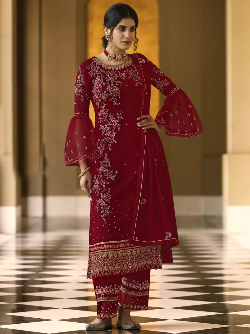 Red embroidered georgette salwar
