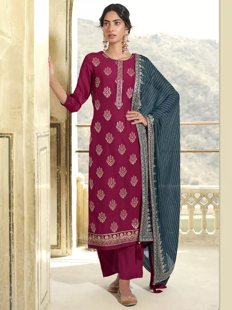 Magenta embroidered art silk salwar