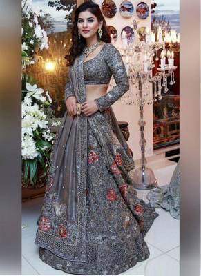 Dark-grey embroidered
 net semi stitched lehenga 1