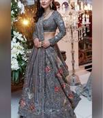 Dark-grey embroidered
 net semi stitched lehenga