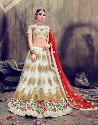 White embroidered net semi stitched lehenga 1