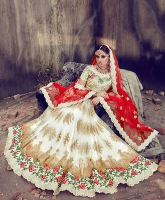White embroidered net semi stitched lehenga 2