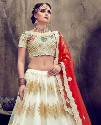 White embroidered net semi stitched lehenga 4