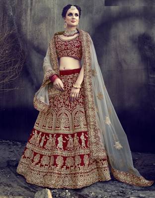 Maroon embroidered velvet semi stitched lehenga 1