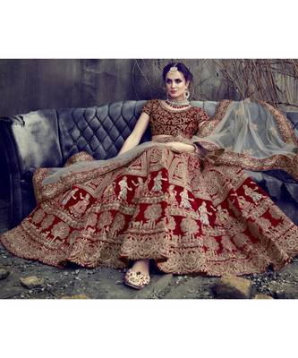 Maroon embroidered velvet semi stitched lehenga 2