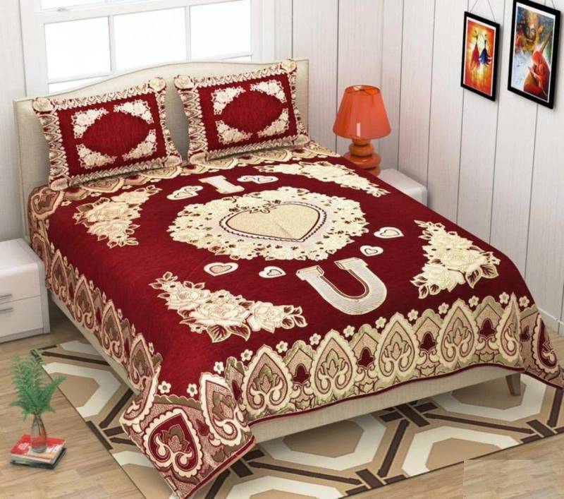 Queen Size (100x100 Inches) Bedsheets Soft Touch Chennile Jaquard Woven Desinger Double Bedsheet With Two Pillow Covers
