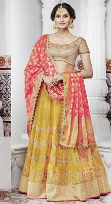 Yellow embroidered silk semi stitched lehenga 1