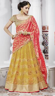 Yellow embroidered silk semi stitched lehenga 2