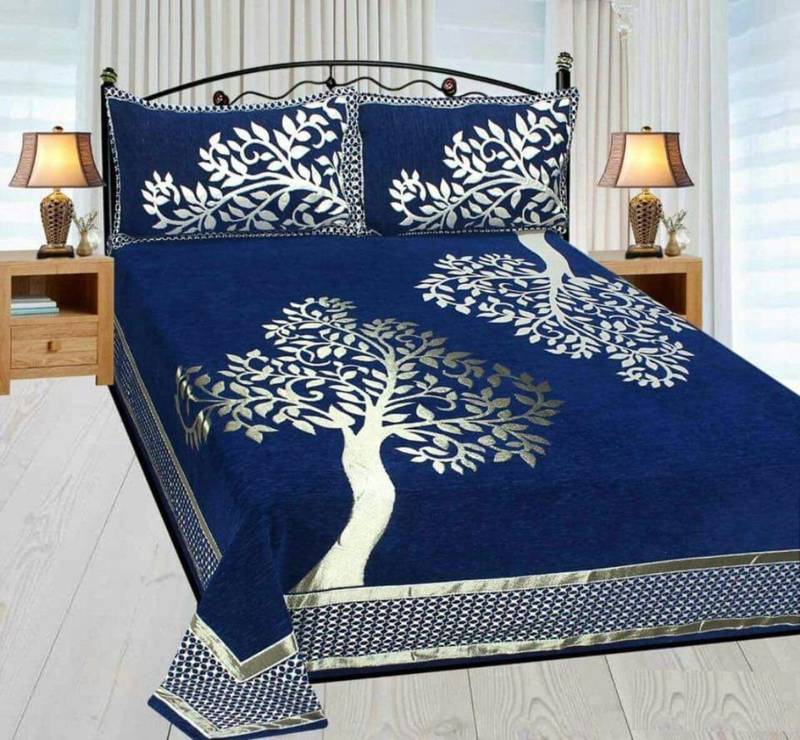 Queen Size (100x100 Inches) Bedsheets Soft Touch Chennile Jaquard Woven Desinger Double Bedsheet With Two Pillow Covers