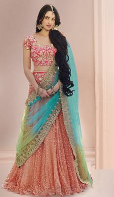 Peach embroidered net semi stitched lehenga 1