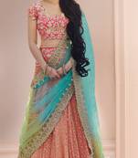 Peach embroidered net semi stitched lehenga