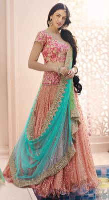 Peach embroidered net semi stitched lehenga 2