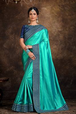 Indian Women Turquoise Blue Poly Silk Embroidered lace work Designer Saree 1
