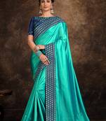 Indian Women Turquoise Blue Poly Silk Embroidered lace work Designer Saree