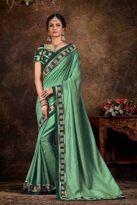 Indian Women Green Poly Silk Embroidered lace work Designer Saree 1