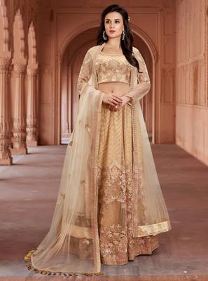 Beige embroidered net semi stitched lehenga 1