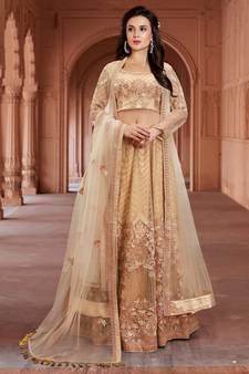 Beige embroidered net semi stitched lehenga