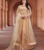 Beige embroidered net semi stitched lehenga
