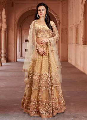 Beige embroidered net semi stitched lehenga 2