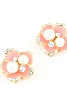 Pink Flower Pearl Stud Earrings