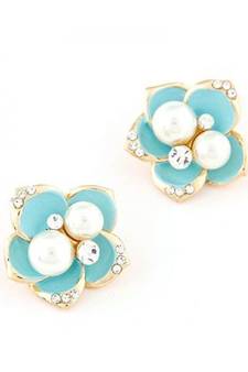 Blue Flower Pearl Stud Earrings