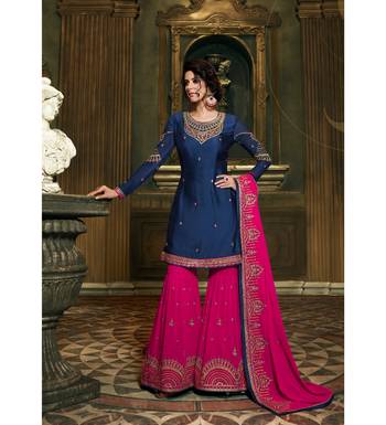 Navy Blue & Rani Pink Satin Georgette Women's Semi-Stitched Sharara Suit 1