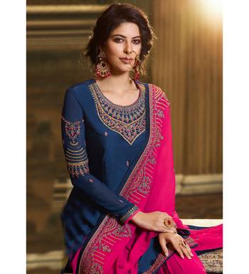 Navy Blue & Rani Pink Satin Georgette Women's Semi-Stitched Sharara Suit 2