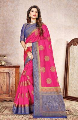 Pink woven nylon saree with blouse 1