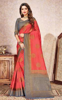 Peach woven nylon saree with blouse 1