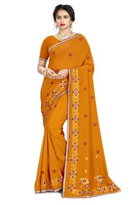 Mustard embroidered crepe saree with blouse 1